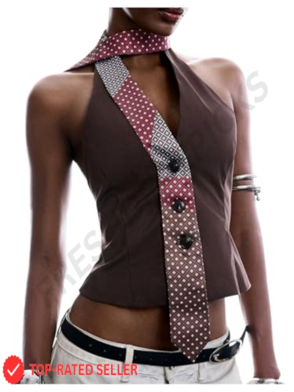 Y2K Halter Neck Crop Top Backless Button Down Fitted Waist Party Top
